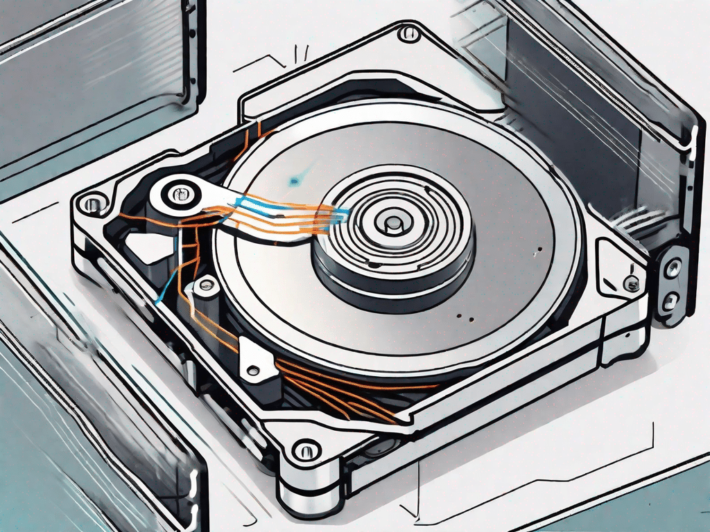 A hard disk opened up to reveal the magnetic platters