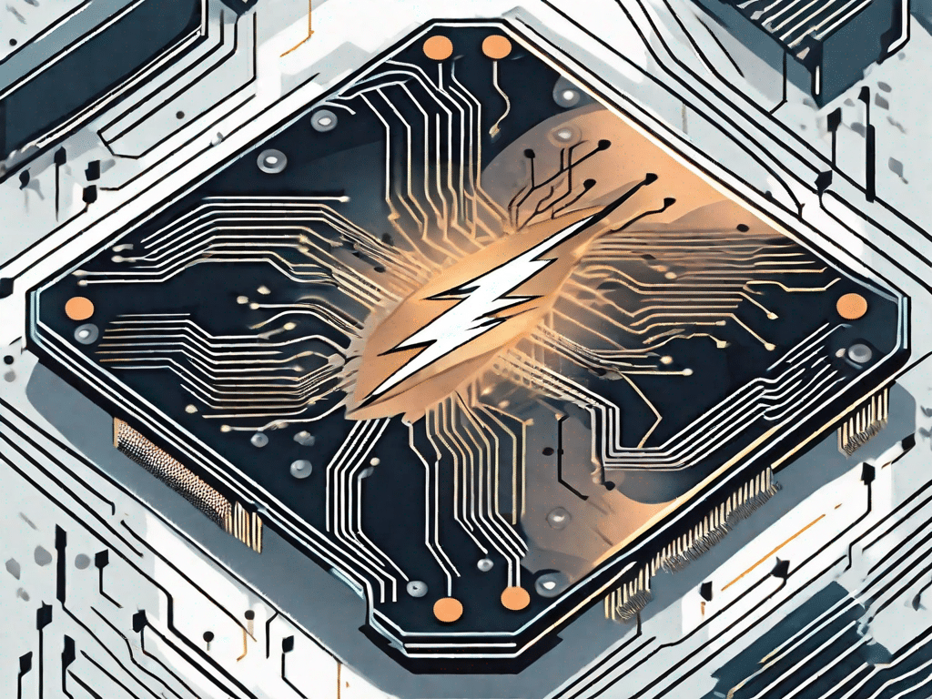 A high-tech computer chip with lightning bolts emanating from it to signify power