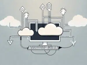 A computer connected to a cloud symbol via an upward-pointing arrow