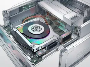 An optical disc drive opened up to show its internal components