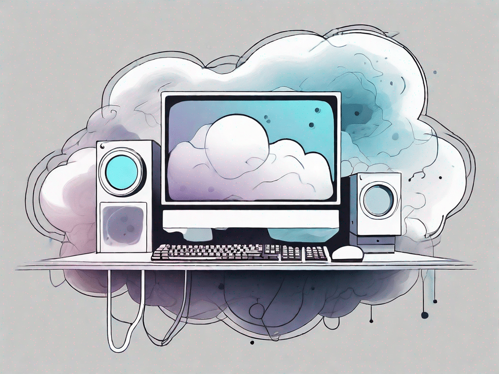 A ghostly computer and software elements floating in a cloud to symbolize the elusive nature of vaporware in the tech industry