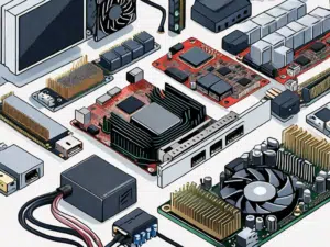 A computer motherboard with various types of expansion cards like a sound card