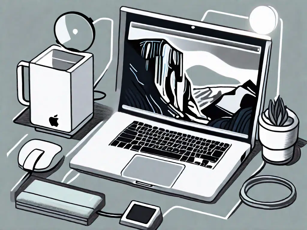 A mac computer with various iconic features of the macos
