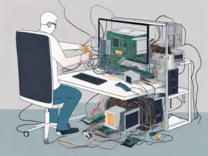 A computer being taken apart with various tech components floating around it