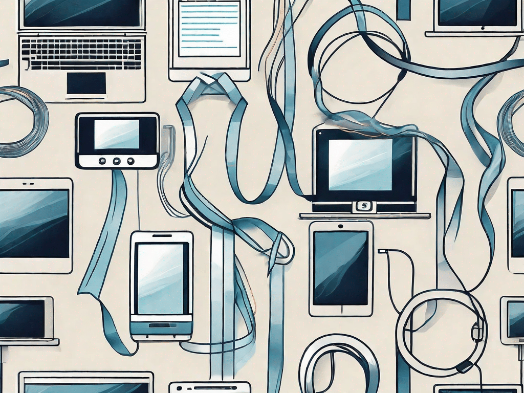 Various types of ribbons intertwined with different technological devices like a computer