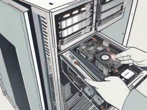 An internal hard drive being inserted into a computer tower