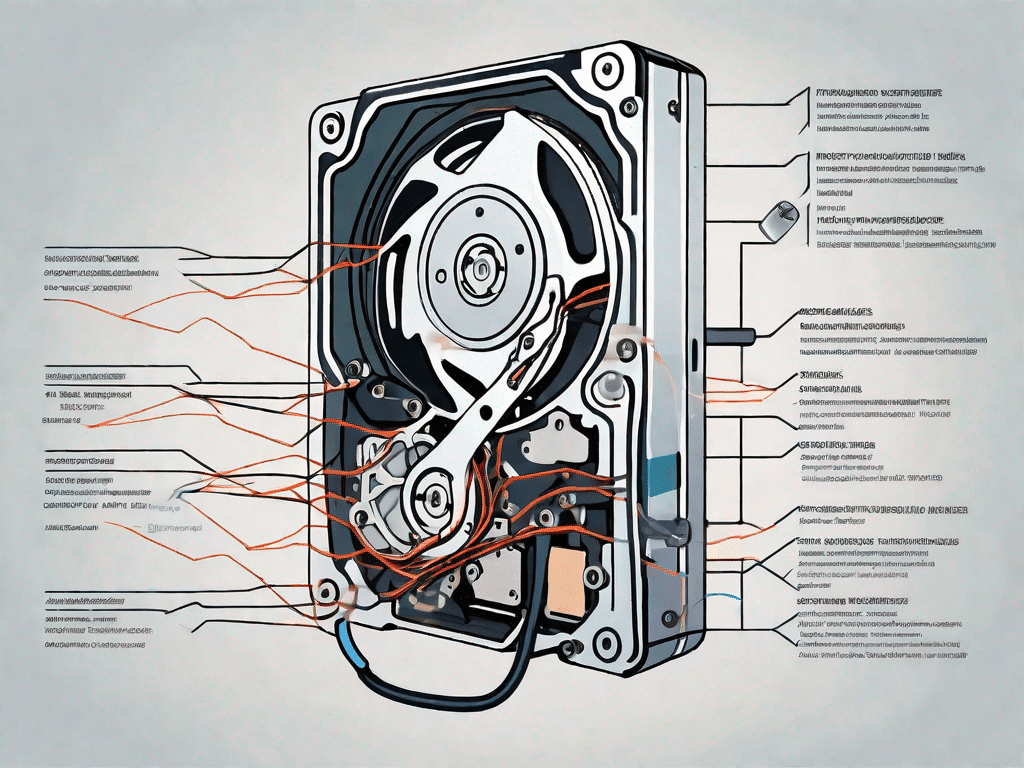 A hard drive being dissected with various parts labeled
