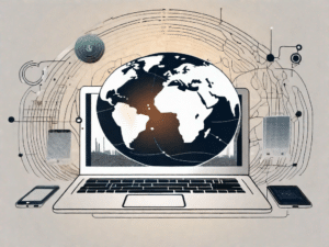 A globe connected with various technological devices like a laptop