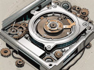A vintage computer hard drive being dissected