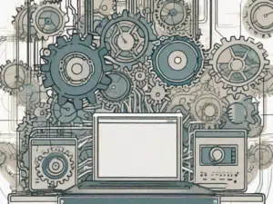 A computer with script files represented as a series of interconnected gears and cogs inside it