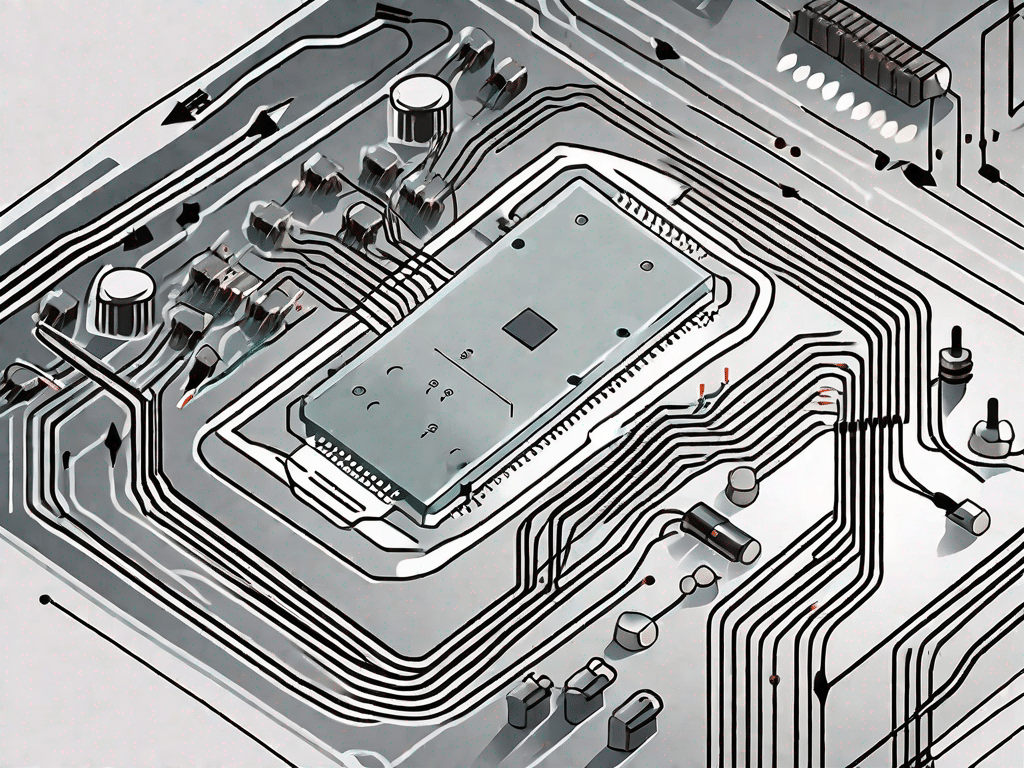 An integrated circuit board with various components like transistors