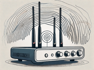 A wireless router with visible radio waves emitting from it