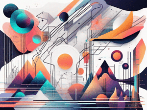 A digital landscape filled with abstract and colorful shapes