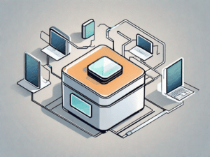 A digital outbox icon surrounded by various technological devices like computers