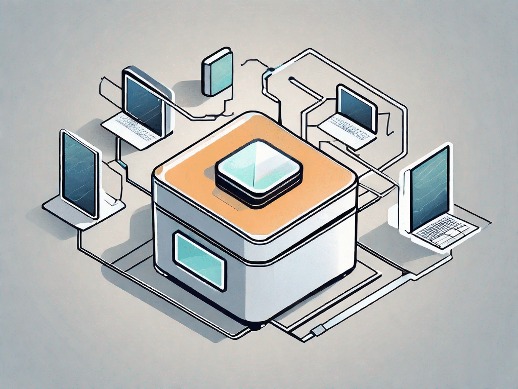 A digital outbox icon surrounded by various technological devices like computers