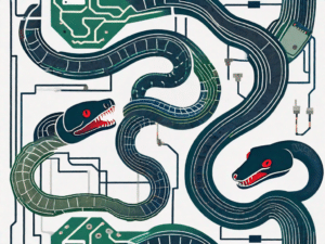 A snake winding its way through a series of rectangular computer circuit boards