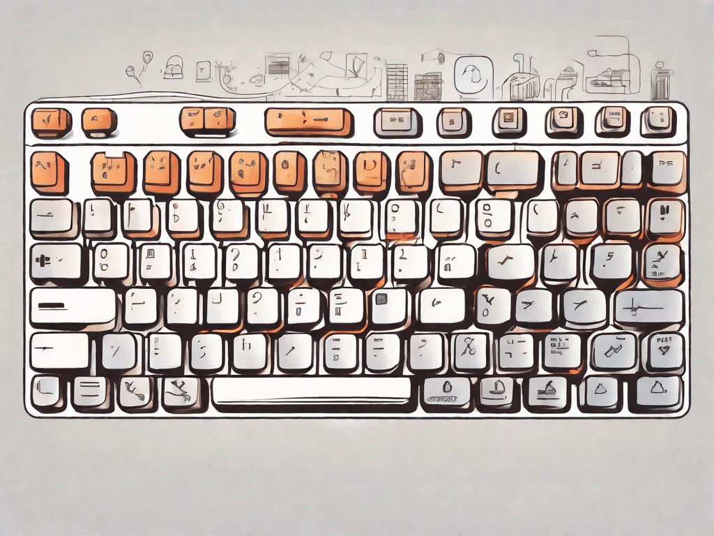 A computer keyboard with the function keys highlighted and different symbols or icons emanating from each key to represent their various uses