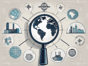 A magnifying glass focusing on a globe with various symbols representing different industries