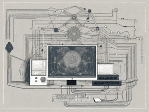 A computer system intricately connected with various symbols representing different programming heuristics
