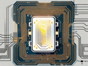 A cmos chip with visible circuits and rays of light emanating from it