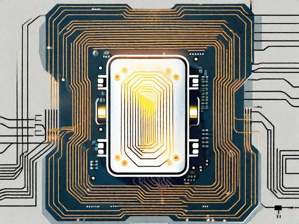 A cmos chip with visible circuits and rays of light emanating from it