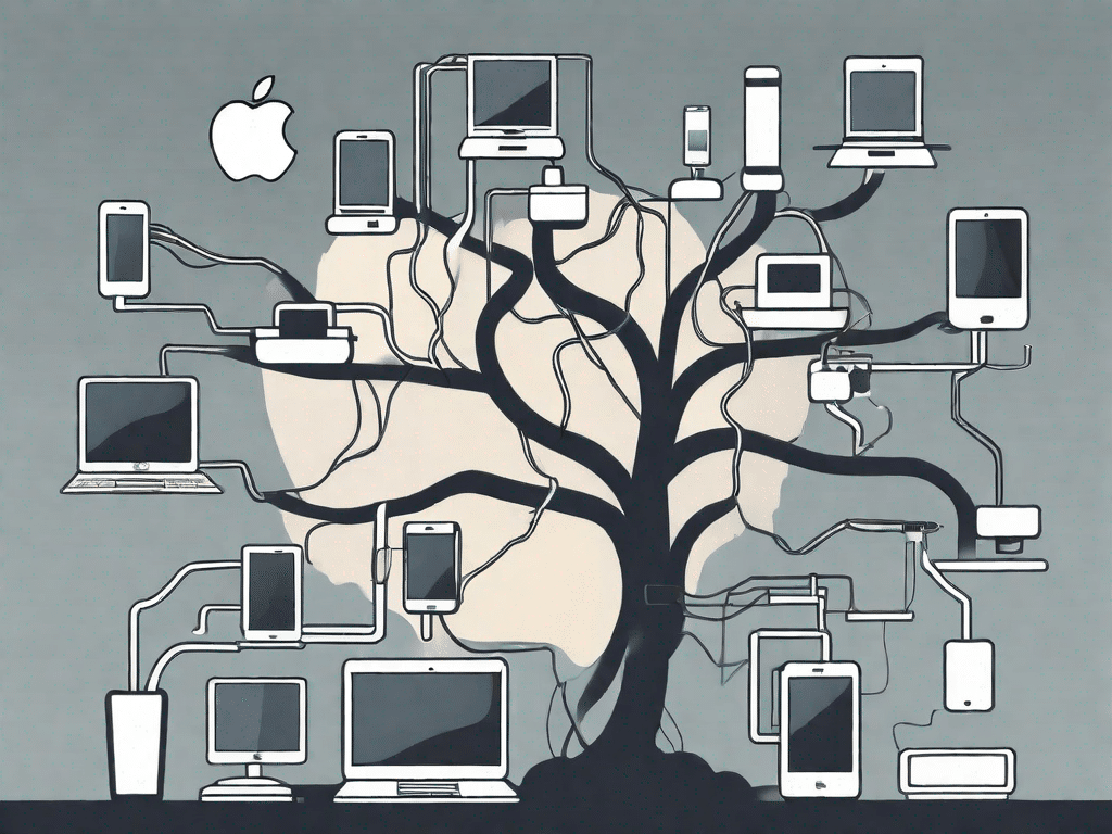 An apple tree with various technological devices like smartphones