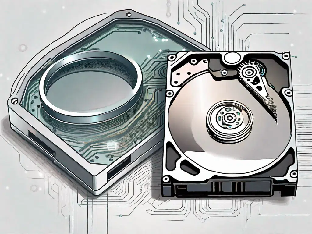 A computer hard drive with a magnifying glass hovering over it