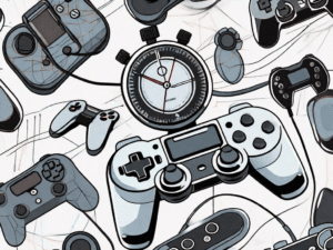 A stopwatch surrounded by various types of gaming controllers