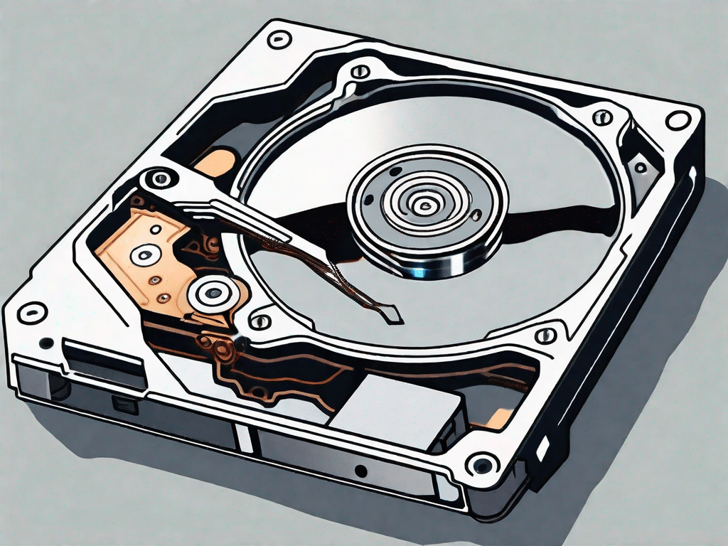 An open hard disk drive showcasing its various internal components like platters