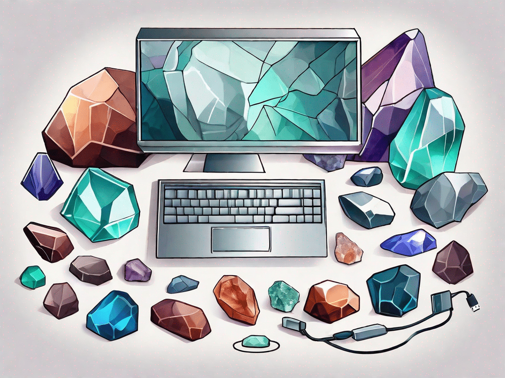 A computer with raw files symbolized by uncut gemstones