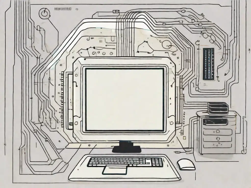 A computer with its shell open revealing various symbolic elements like command lines