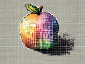 A magnified bitmap image showcasing a variety of colored pixels arranged to form a recognizable object