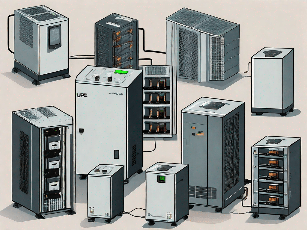 Various types of uninterruptible power supply (ups) units with different components like batteries