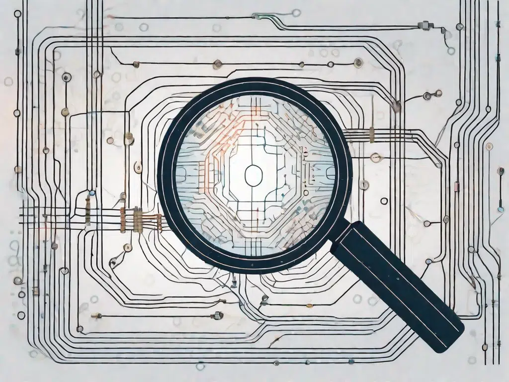 A magnifying glass focusing on a complex network of circuitry or lines of code