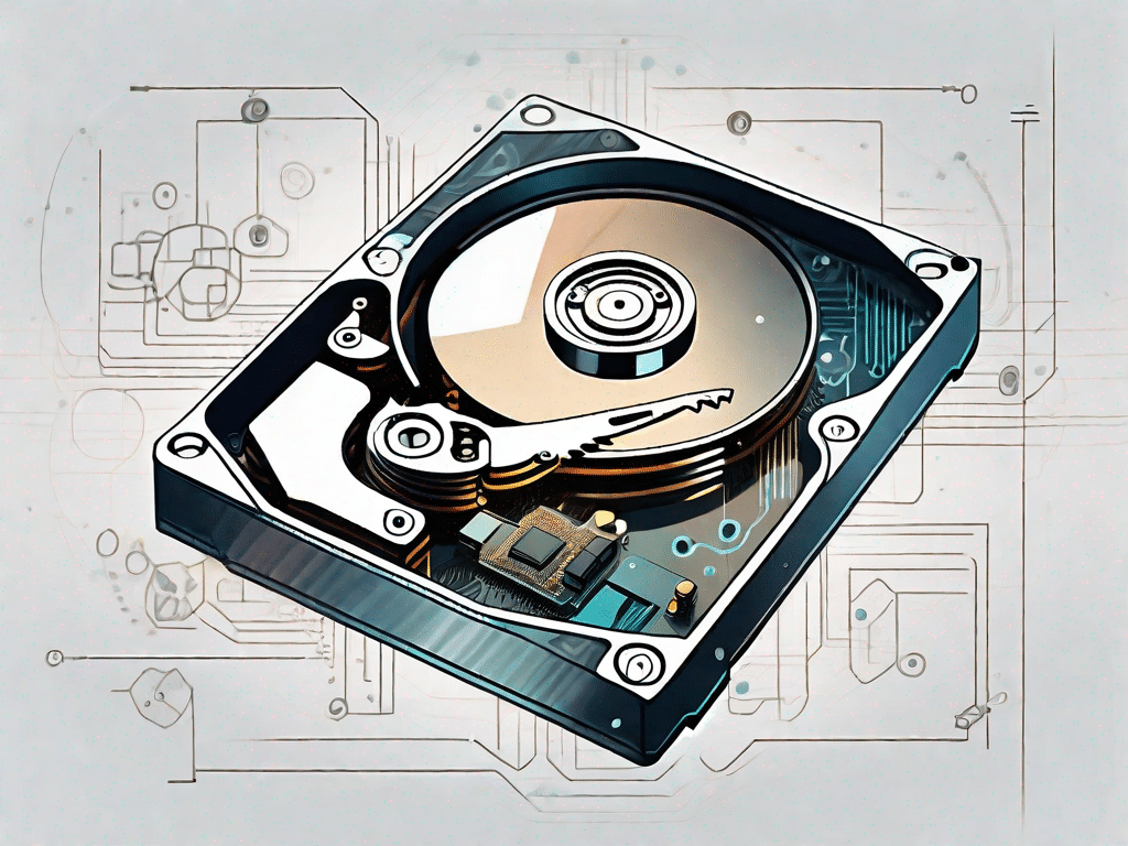 A hard drive with a magnifying glass focusing on it