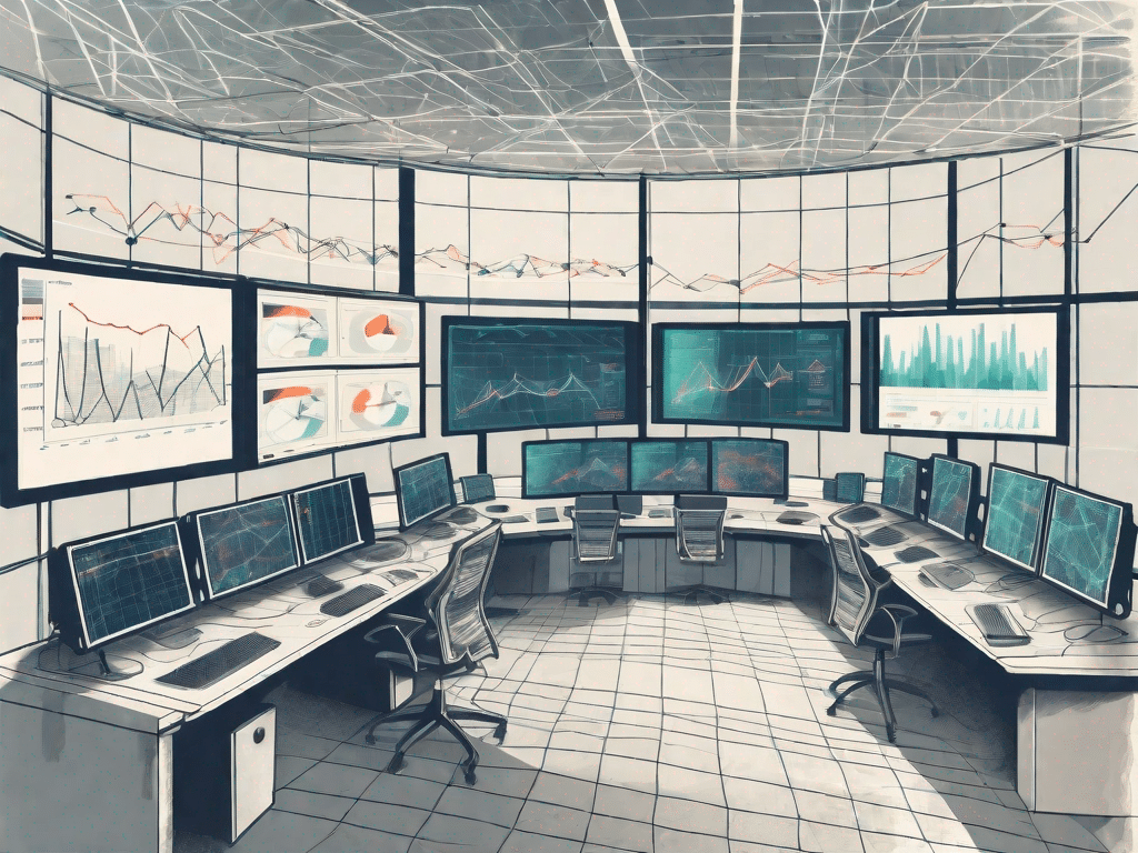 A high-tech control room filled with multiple screens displaying various graphs and network data