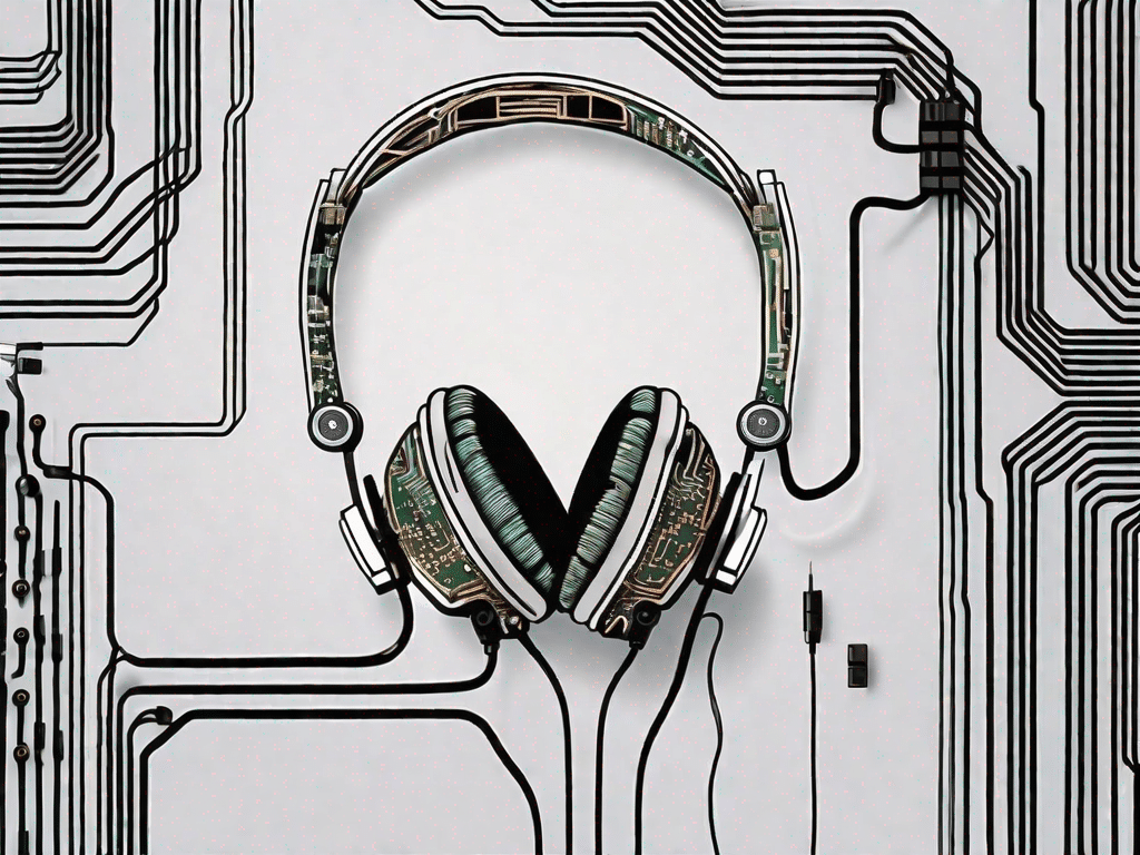 A pair of headphones connected to a circuit board symbolizing the concept of interpretation in the tech industry