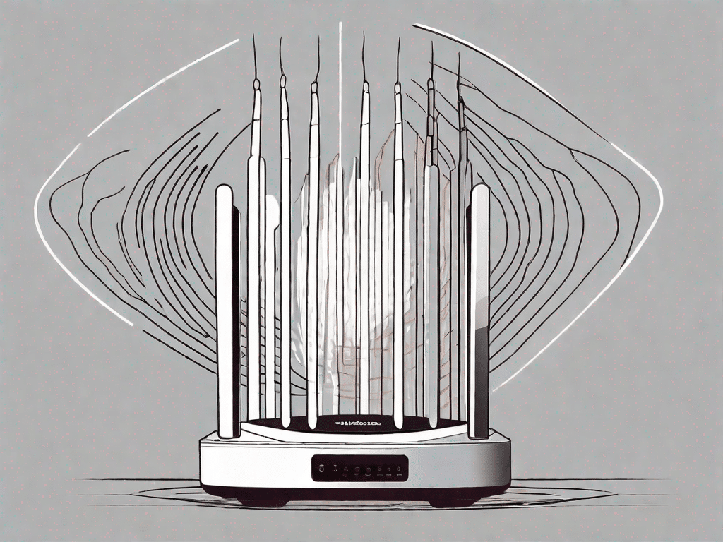 A wireless router with visible radio waves emanating from it