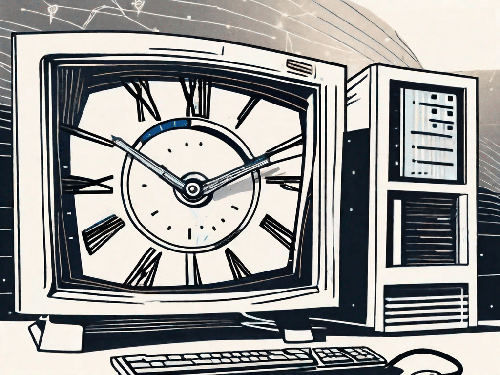 A computer with a visible internal clock striking midnight
