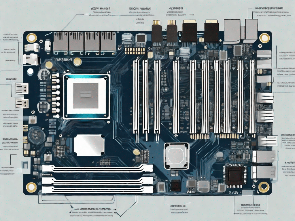 A computer motherboard with various hardware components