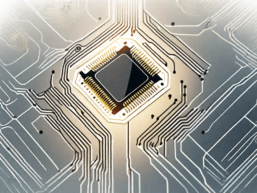 A computer processor chip with rays of light emanating from it