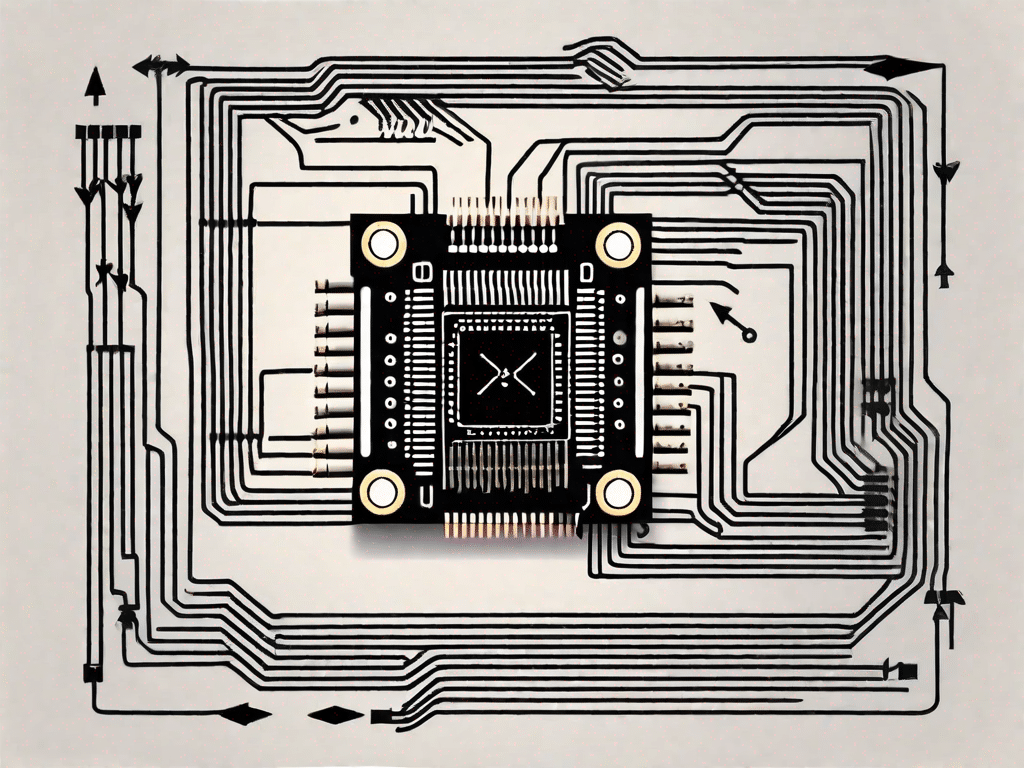 A computer chip with symbolic arrows showing the process of converting assembly language into machine language