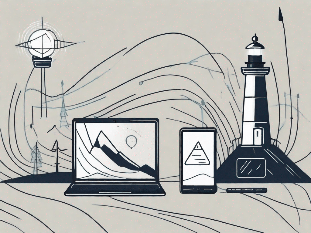 A web beacon represented as a lighthouse emitting signals to different digital devices like a laptop