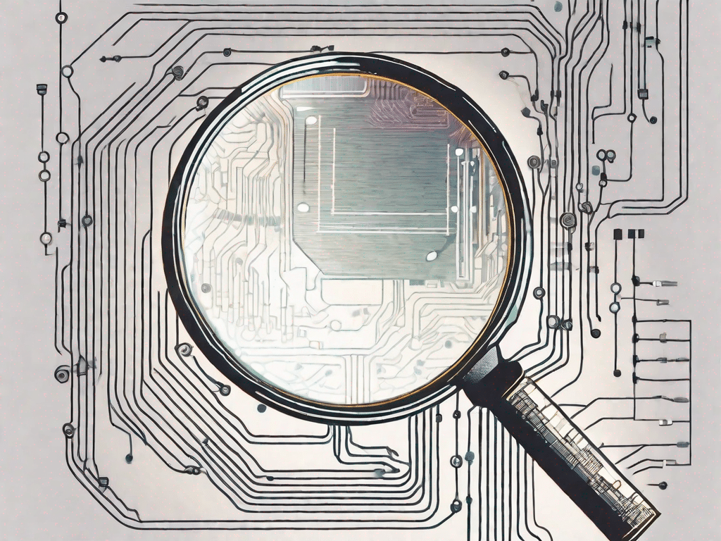 A magnifying glass focusing on a microchip