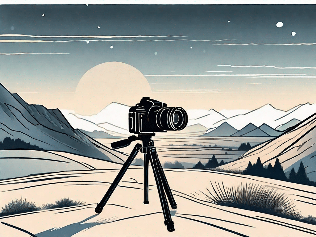 A camera on a tripod capturing a vividly contrasting landscape scene